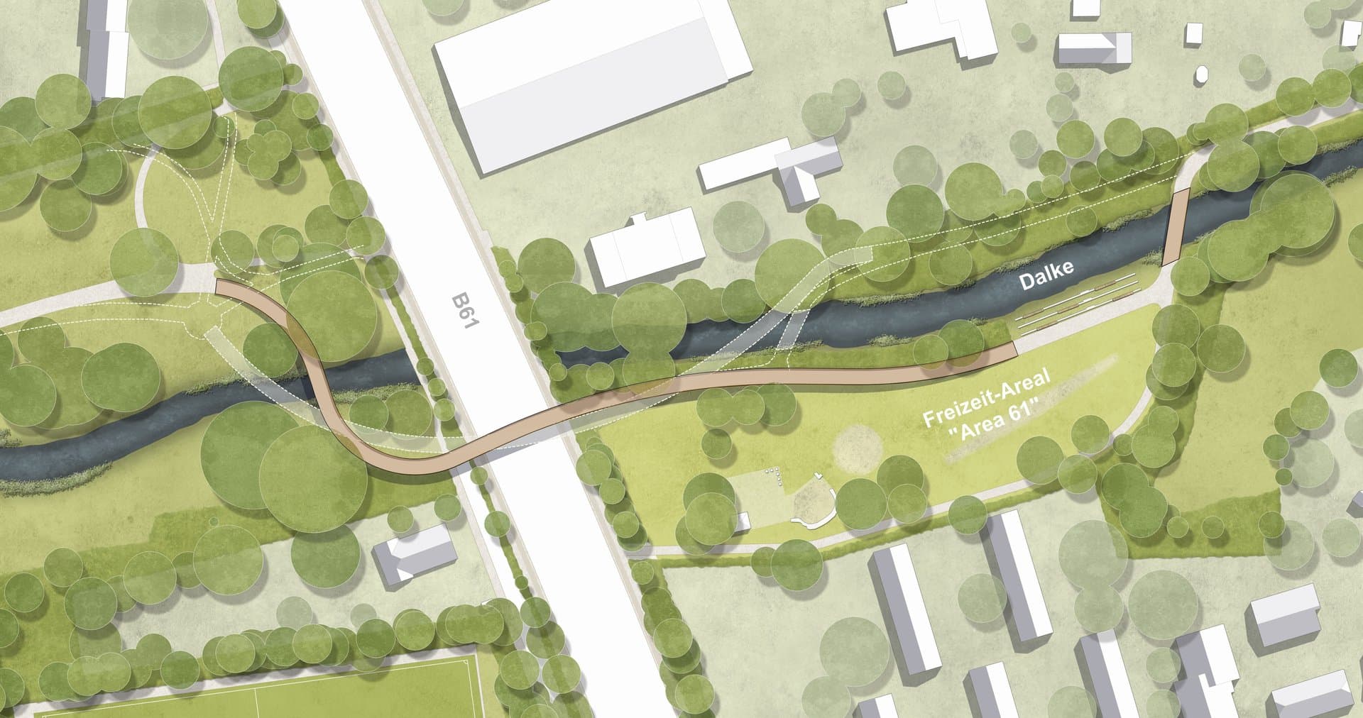 Lageplan – neue Wegeführung (alte Wegeführung weiß hinterlegt) © Lohaus Carl Köhlmos
