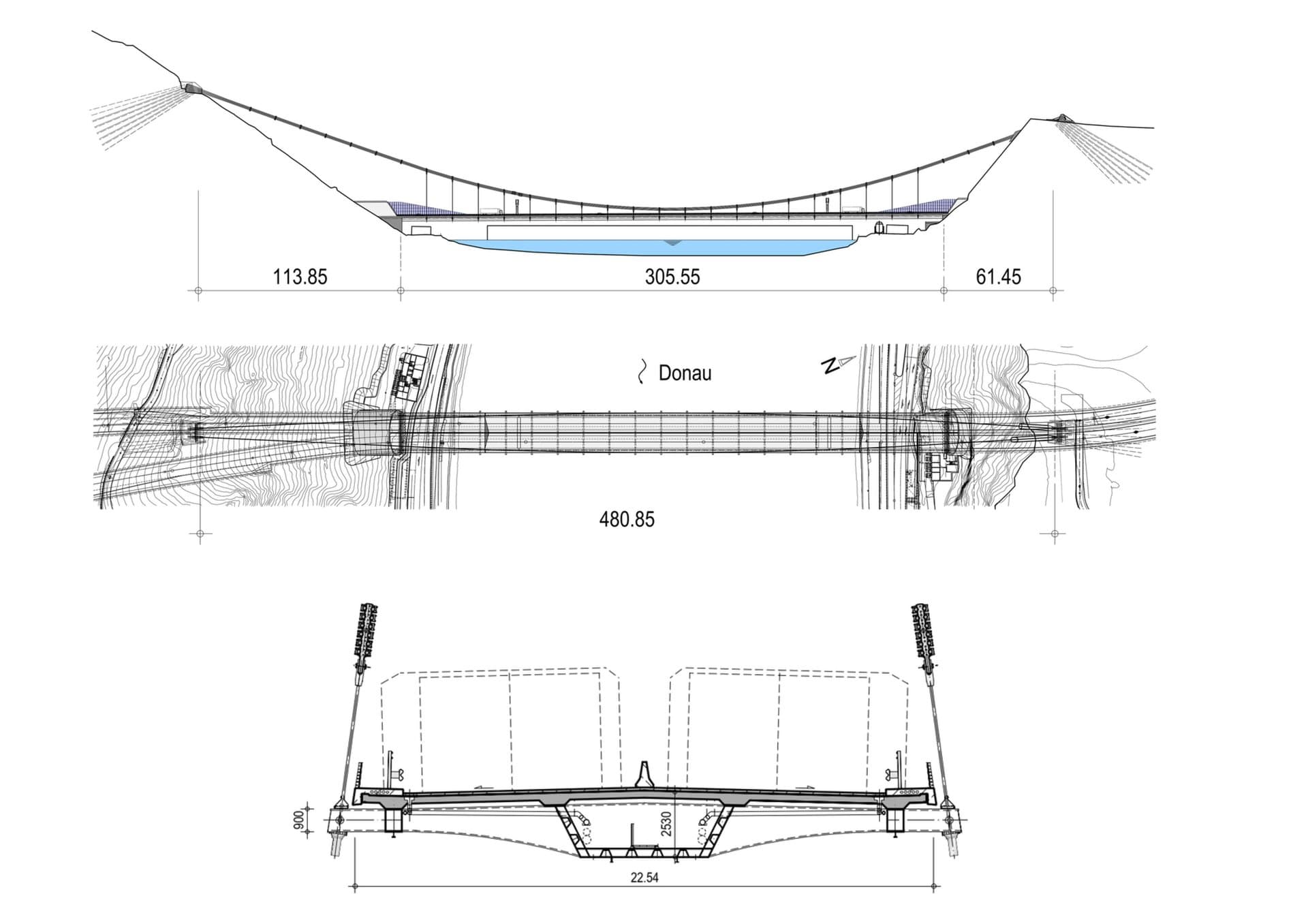 Ansicht, Grundriss und Querschnitt der Brücke © schlaich bergermann partner