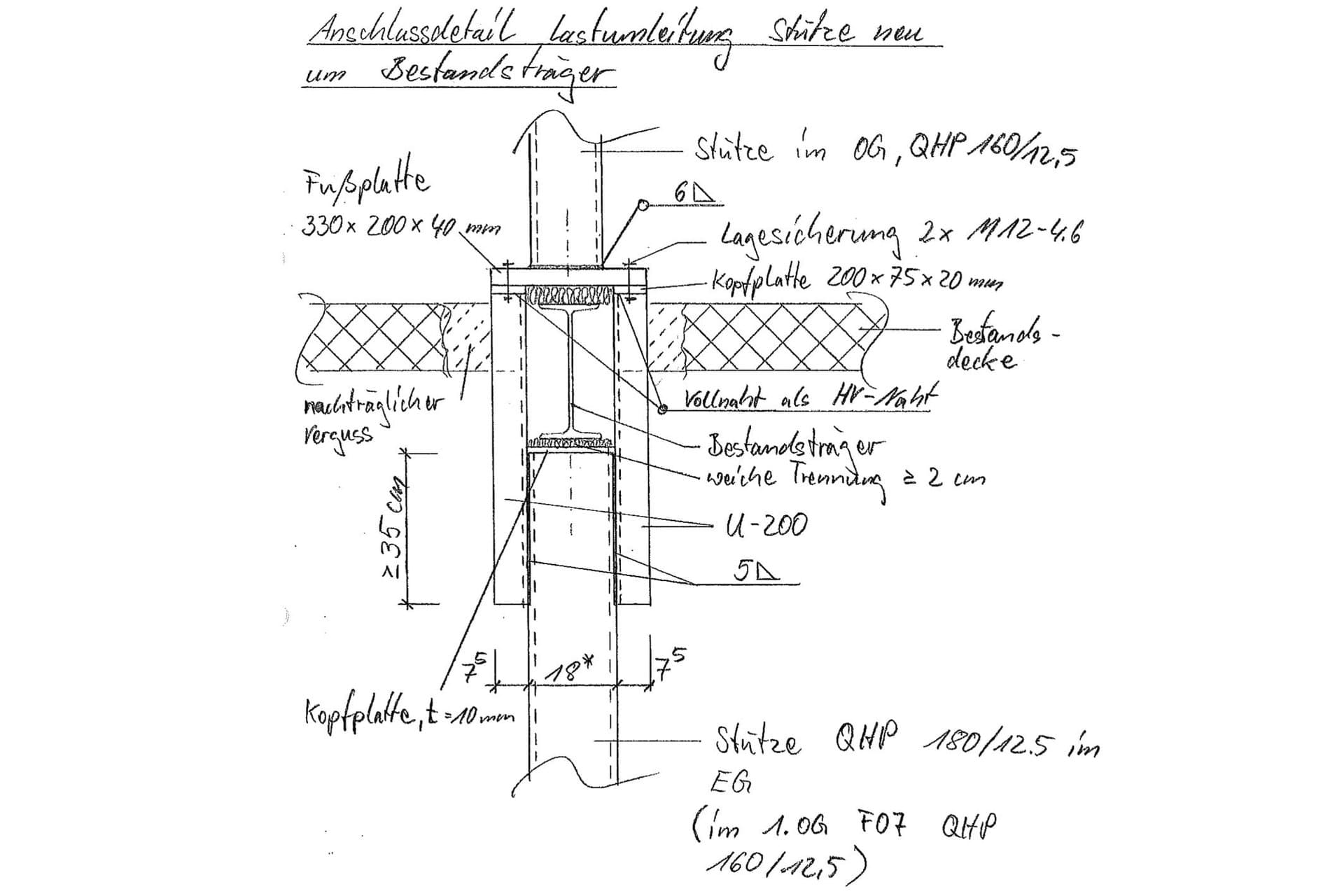 Anschlussdetail Lastumleitung Stütze neu um Bestandsträger