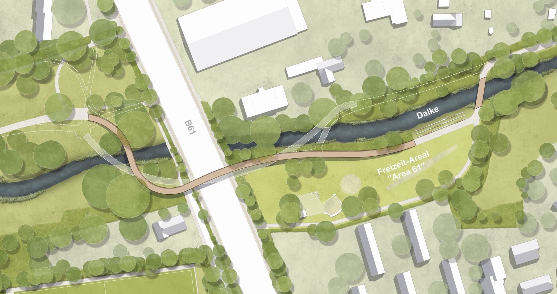 Lageplan – neue Wegeführung (alte Wegeführung weiß hinterlegt) © Lohaus Carl Köhlmos